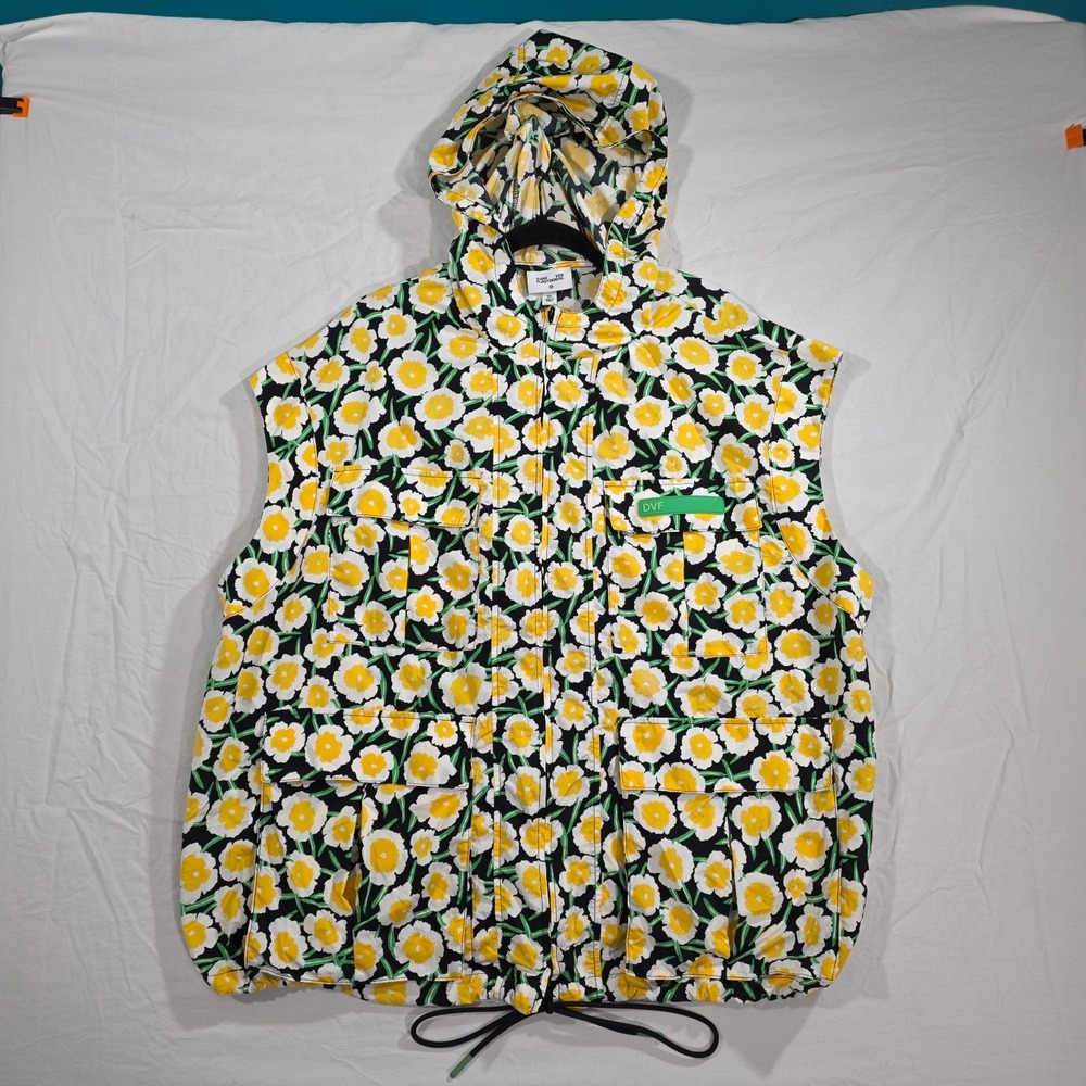 Diane von Furstenberg DVF Floral Utility Vest XXL Yellow Nylon Packable Hooded